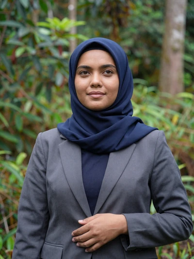 Siti, 31-year-old Bruneian woman from Tutong wearing navy blue hijab in rainforest setting
