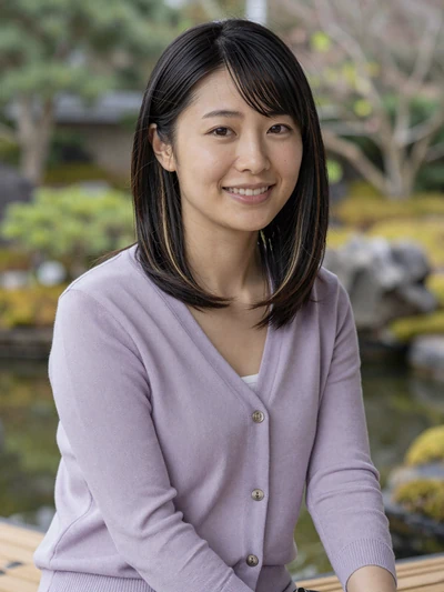 Yuki, a 29-year-old Japanese woman with a warm smile in a traditional garden setting