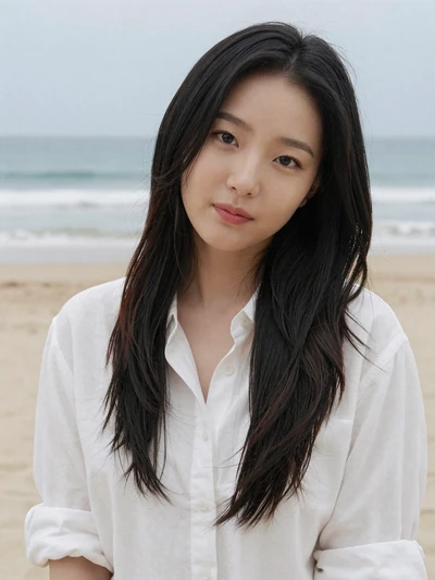 Hana, a 26-year-old South Korean woman with bright eyes at a Busan beach