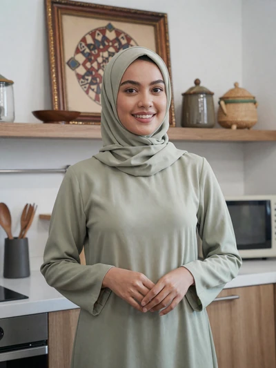 Azizah, 24-year-old Bruneian woman from Seria wearing sage green hijab in modern kitchen
