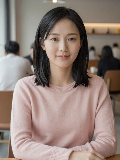 Ji-Yeon, a 27-year-old South Korean woman with elegant features in a modern Seoul cafe